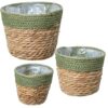 SET 3 MACETEROS MIMBRE NATURALRDE TELA BLANCA C/FLECOS