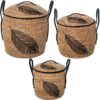 SET 3 CESTOS MIMBRE C/TAPA NATMBRE DECO. HOJA, MADERA PAULOW
